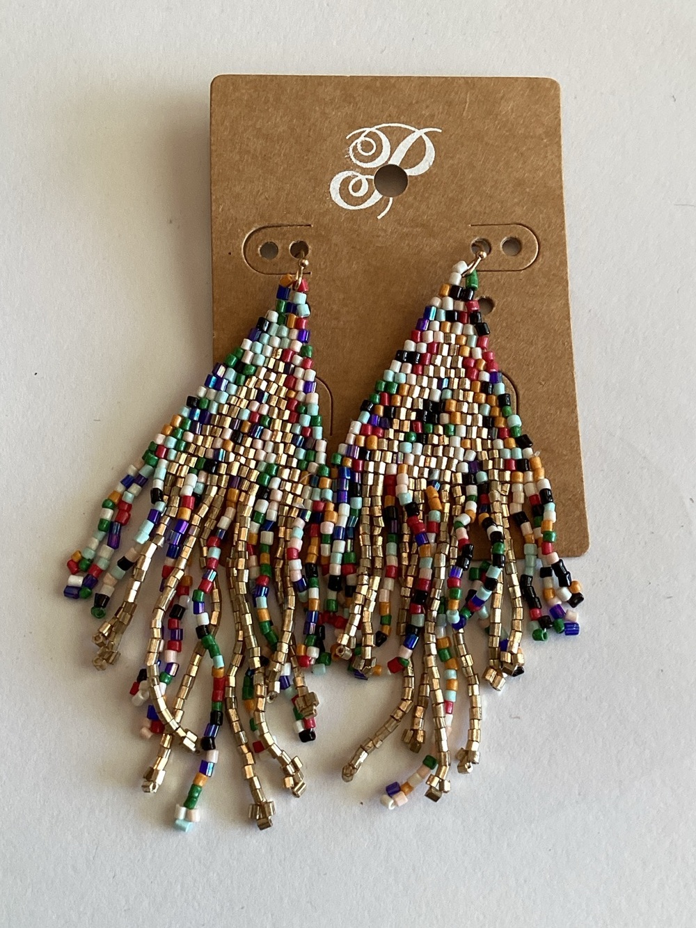 Plunder Multicolor Seed Bead Fringe Earrings with Gold Beads‎